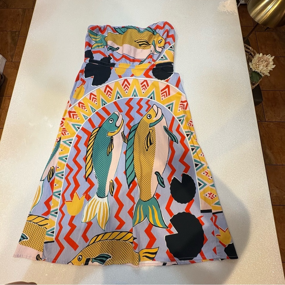 Eva Franco Dress Strapless Bold Fish Print Art To Wear Yellow Blue Black Pink